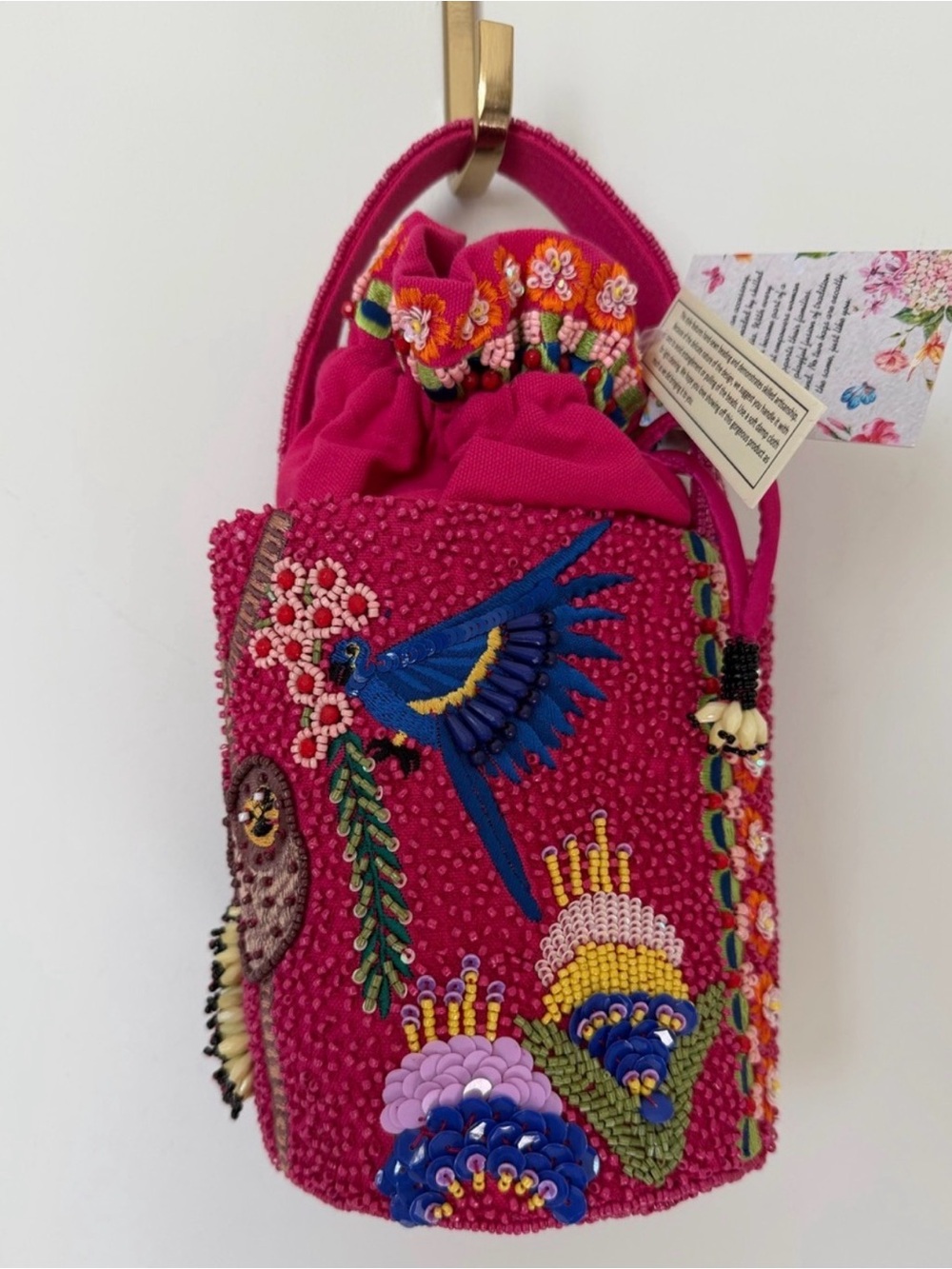 NEW RARE Beaded Bag Pink Sloth and Bird Drawstring Bag